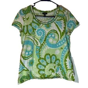 Talbots Petites Tee MP White Blue Green Paisley Bohochic Coastal Dopamine Casual
